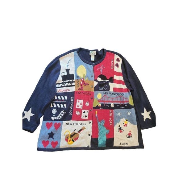 Quacker Factory Sweater Women's 2X Blue Embroidered Patriotic American Cities - Picture 1 of 6